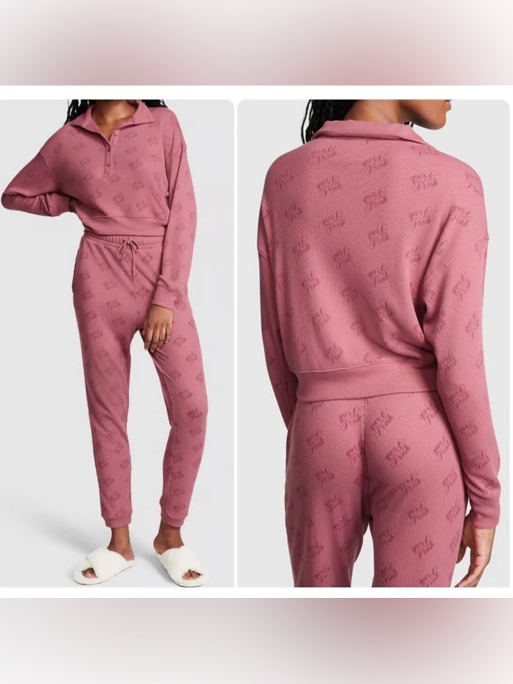 Victoria’s Secret Pink Long-Sleeve waffle knit Polo Top M - Picture 4 of 7